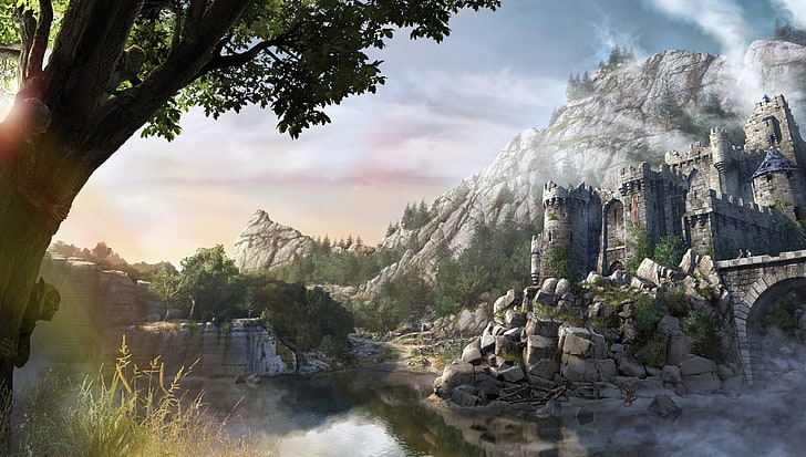 ruins illustration, artwork, fortress, lake, mountains, fantasy art