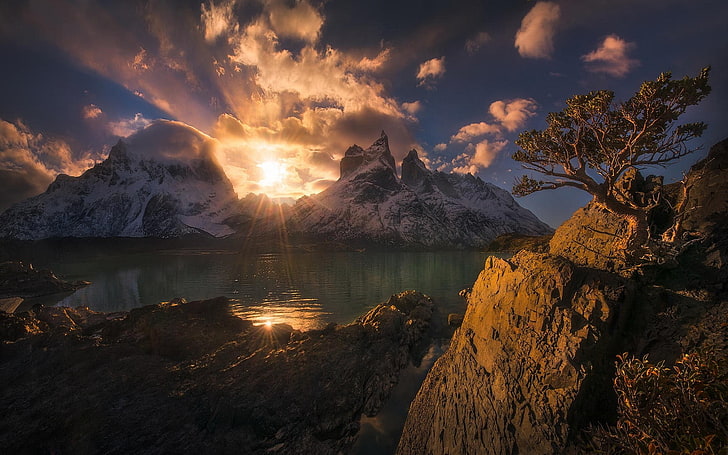 nature, landscape, mountains, sunset, Chile, Torres del Paine, HD wallpaper