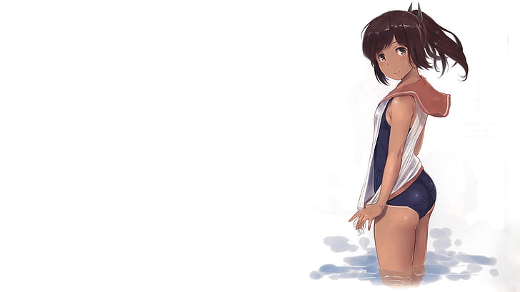 white  background, Kantai Collection, school swimsuits, brown skin