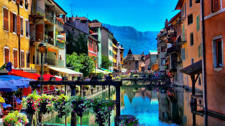 Man Made, Town, Annecy, Bridge, Canal, Colorful, France, House
