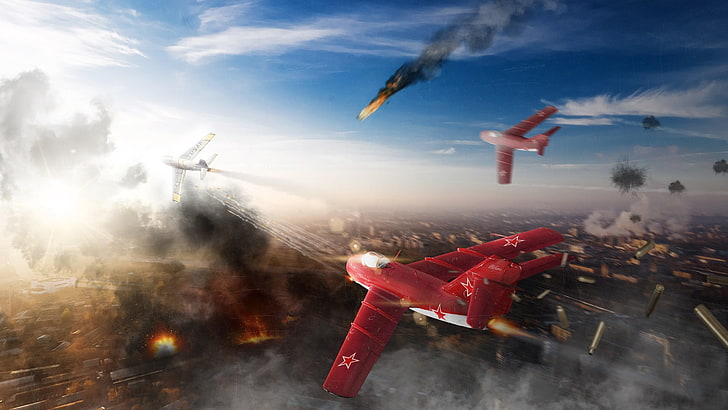 red jet fighter digital artwork, War Thunder, airplane, sky, flying, HD wallpaper