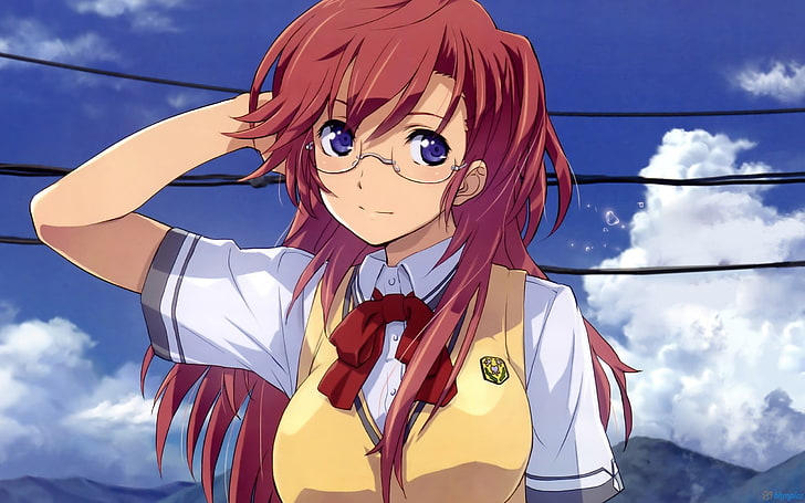 anime, anime girls, glasses, meganekko, redhead, purple eyes