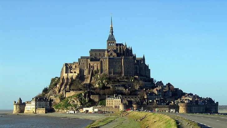 gray concrete castle, Mont Saint-Michel, France, Abbey, island
