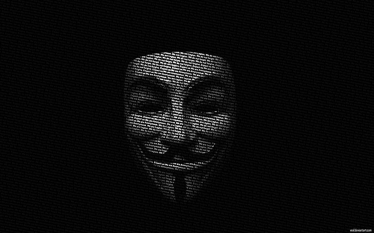 guy fawkes mask, typography, monochrome, typographic portraits, HD wallpaper