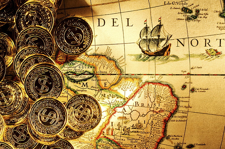 illustration of world map, gold, money, wallpaper, pirates, coins, HD wallpaper