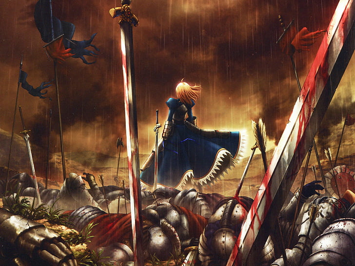 anime, arturia, blood, fate, pendragon, rain, saber, sword, HD wallpaper