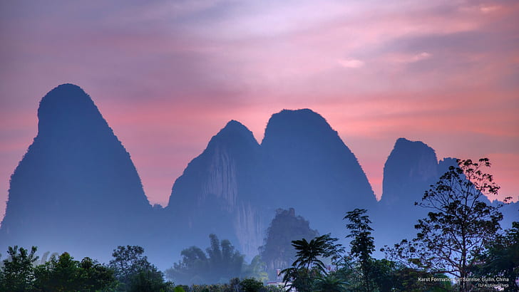 Karst Formations at Sunrise, Guilin, China, Asia, HD wallpaper