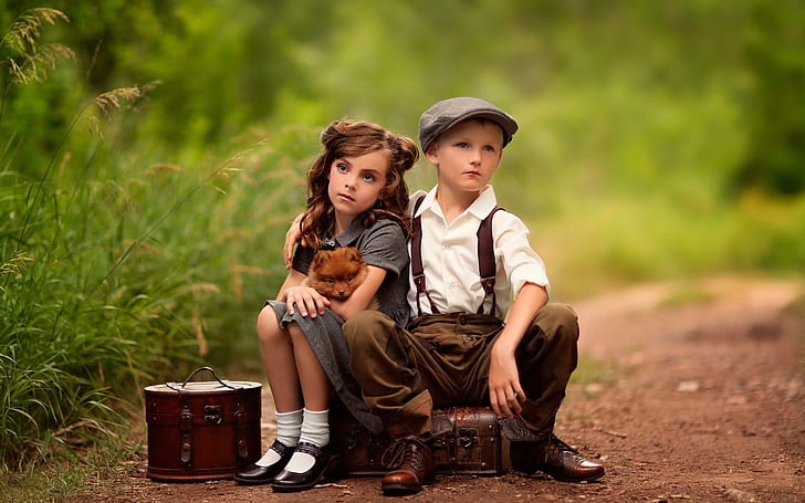 Cute child, girl, boy, dog, suitcases, waiting, HD wallpaper