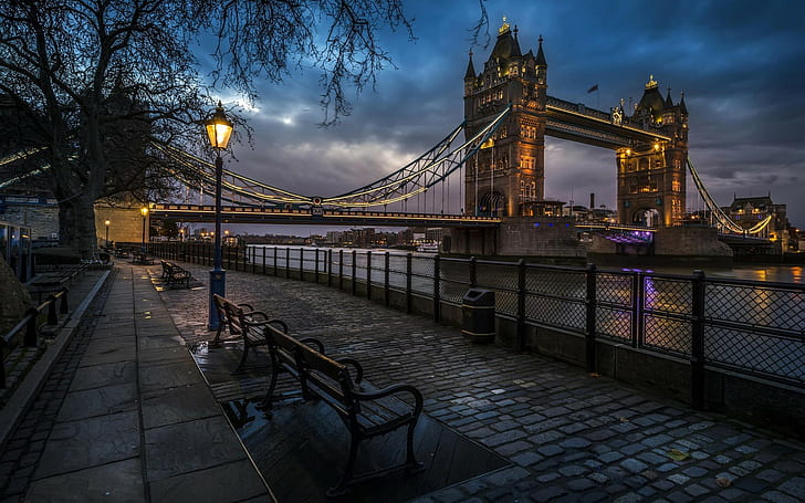 street light, cobblestone, bridge, Tower Bridge, River Thames, HD wallpaper