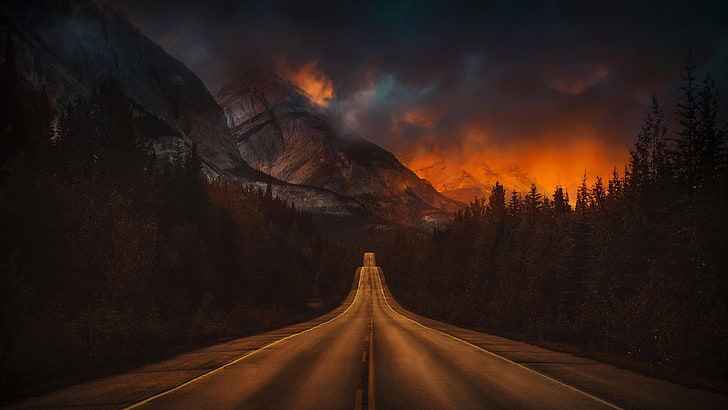 road, mountains, fire, smoke, forest