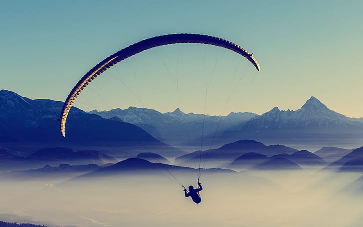 mountains, clear sky, parachutes, HD wallpaper