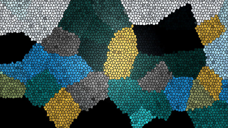 dots, colorful, blue, yellow, black, green, mosaic, digital art, HD wallpaper