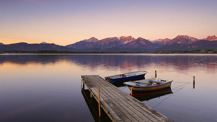 pier, boat, water, reflection, mountains, landscape