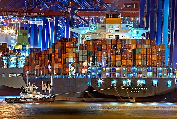 Port, Night, The ship, A container ship, Cranes, Tug, Vessel, HD wallpaper
