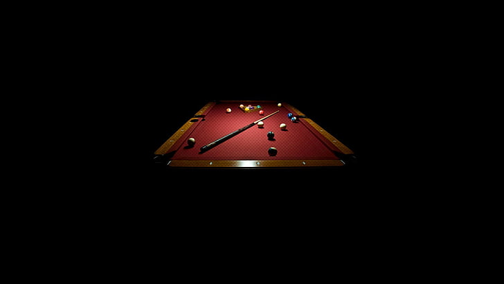 pool balls on red pool table game, billiards, black, queue, copy space, HD wallpaper
