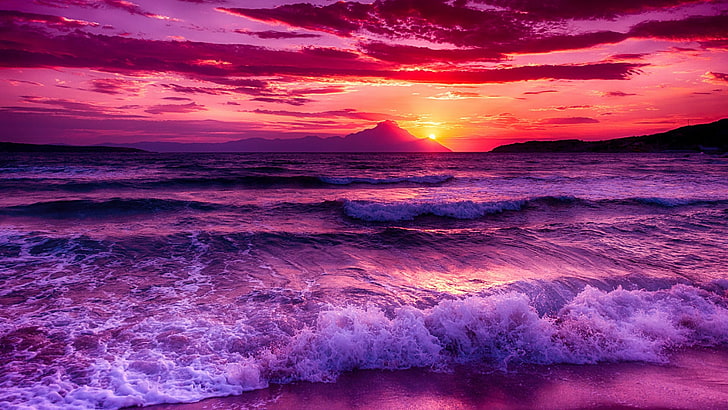 sky, sea, afterglow, horizon, ocean, purple sky, wave, shore
