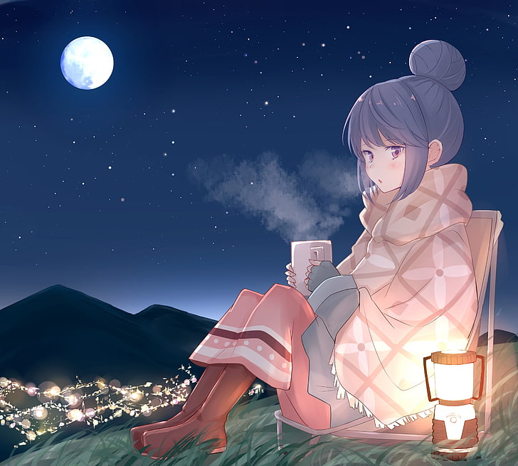 yuru camp, shima rin, moon, lantern, stars, Anime, night, sky