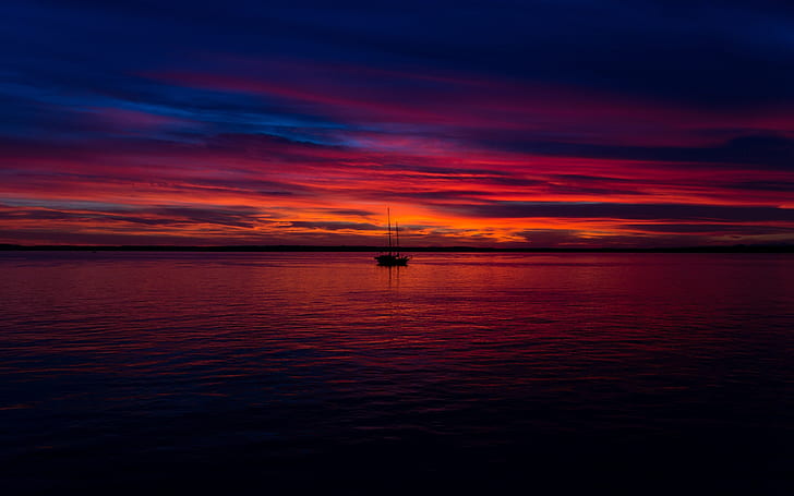 sunset, boat, water, horizon, seascape, photography, HD wallpaper