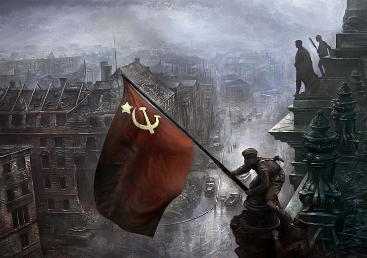 USSR, flag, Berlin, World War II, painting, artwork, history, HD wallpaper