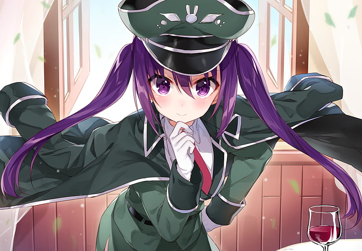 long straight purple twin tailed hair female anime character wearing green and white military uniform wallpaper