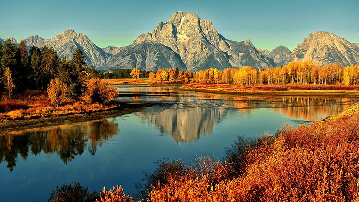 brown mountain range, landscape, mountains, lake, reflection