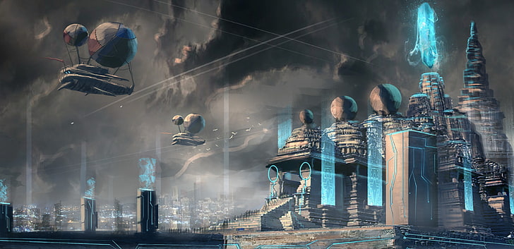 futuristic city with holographic display wallpaper, blue, temple