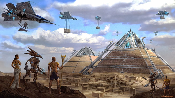 alien building pyramid digital wallpaper, futuristic, cloud - sky