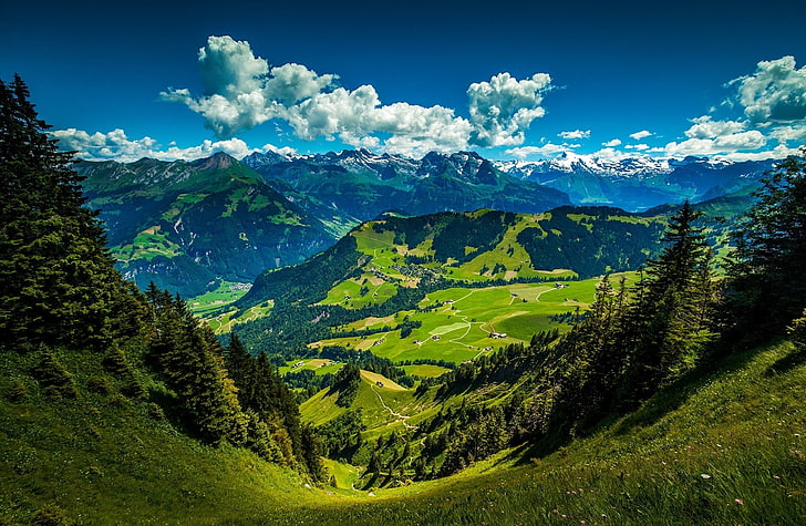 Mountain Landscape, green hills, Nature, Mountains, Blue, Beautiful