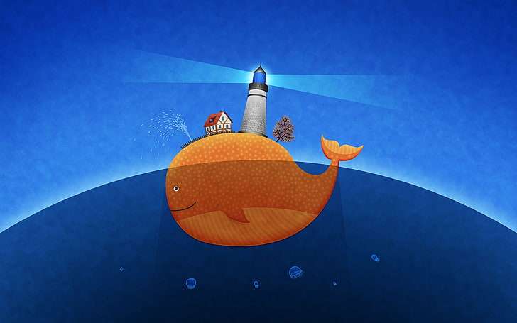 whale, lighthouse, artwork, Vladstudio, fantasy art, orange color