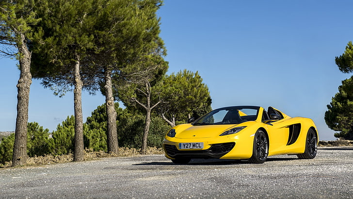 McLaren MC4-12C, yellow cars, vehicle, tree, transportation, HD wallpaper