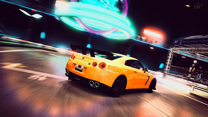 yellow sports car illustration, Nissan GTR, yellow cars, speed, HD wallpaper