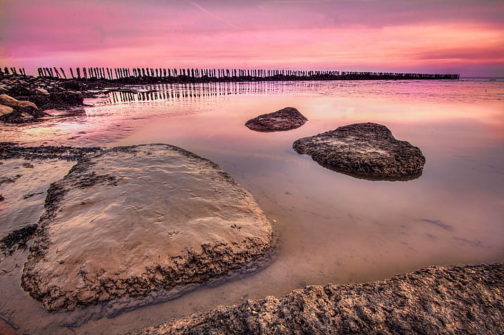 photography of rocks on body of water, Calm, st brides, hdr, beach, HD wallpaper