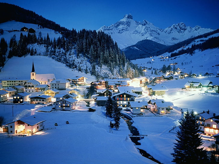 austria, invierno, paisaje, pueblo