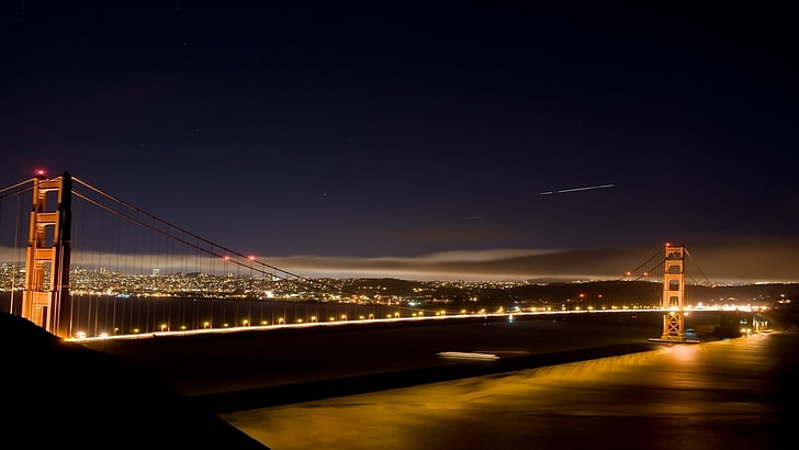 brown suspension bridge, city, night, architecture, Golden Gate Bridge