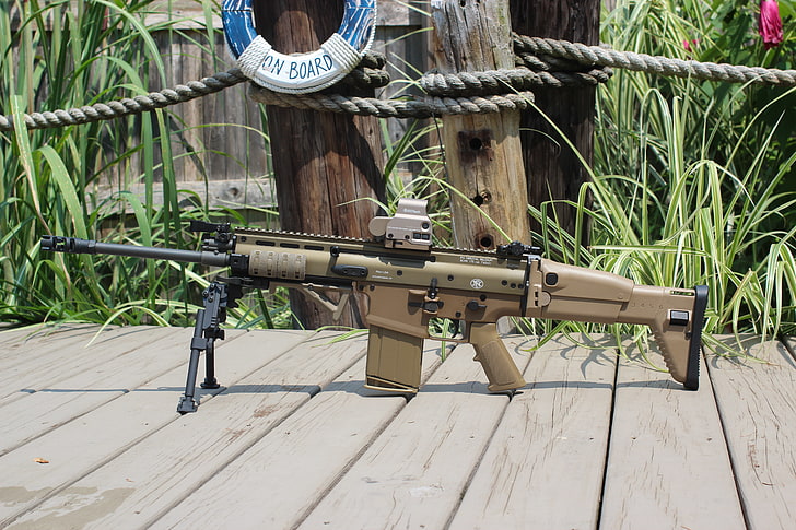grey and brown machine gun, weapons, bipod, FN SCAR 17S, reflex sight
