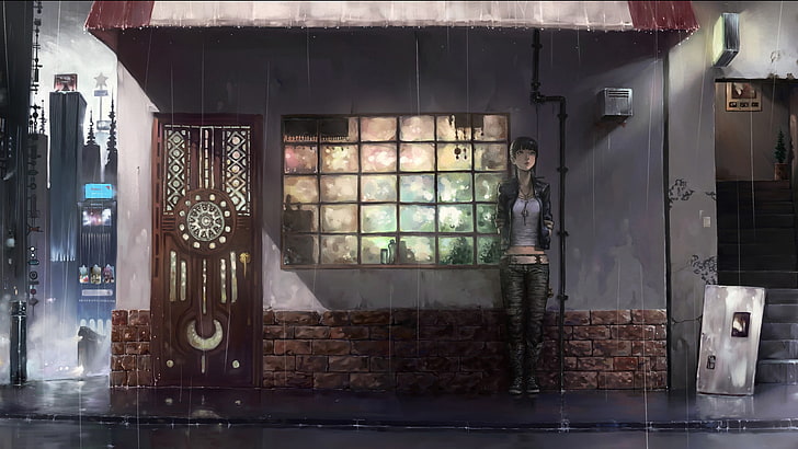 anime, rain, alone, women, indoors, architecture, window, no people