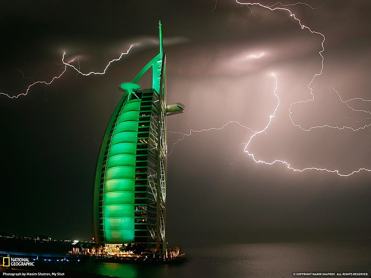 Burj Al-Arab Dubai, National Geographic, Burj Al Arab, lightning, HD wallpaper