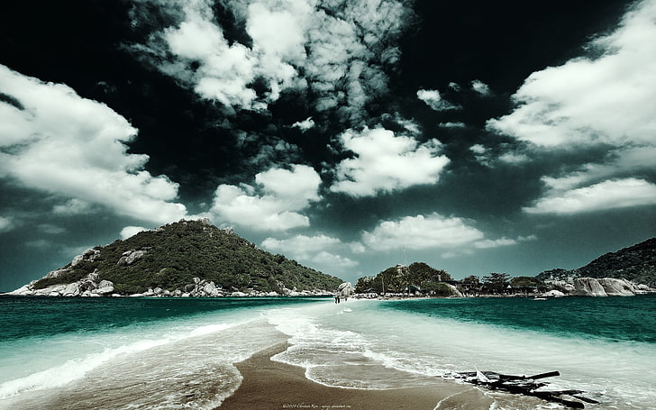 green ocean, beach, sky, nature, landscape, clouds, sea, water, HD wallpaper