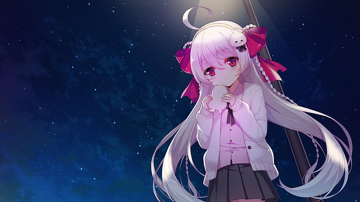 anime girl, loli, pink hair, sky, night, long hair, ribbons