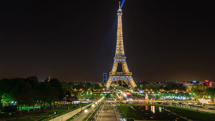 Beautiful night view, Eiffel Tower, spotlight, Paris, France