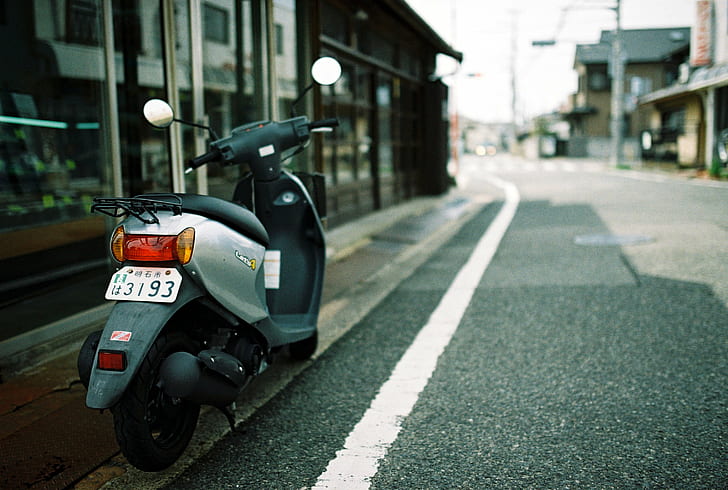 shallow focus photography of silver automatic scooter parking beside high way, HD wallpaper