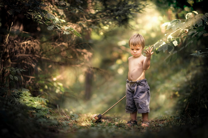 boy's black shorts, children, little boy, nature, forest, sun rays