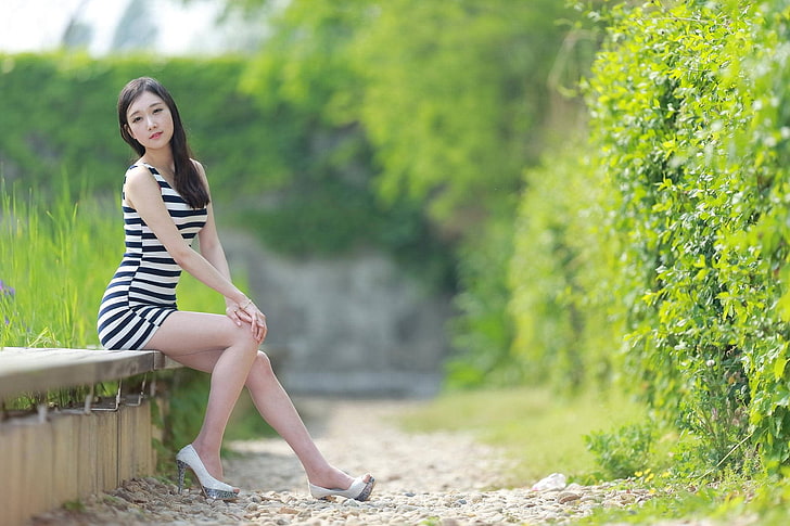 women, model, Asian, sitting, dress, high heels, full length, HD wallpaper