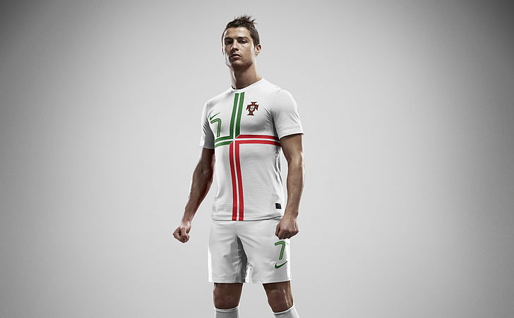 Portugal Away Cristiano Ronaldo original HD Wallpaper, men's white and green crew-neck T-shirt, HD wallpaper
