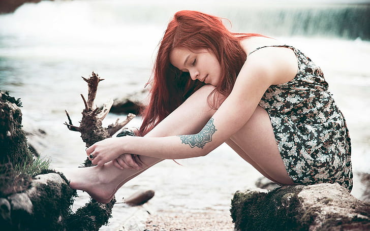 Barefoot, dress, Holding Knees, redhead, tattoo, women, Women Outdoors
