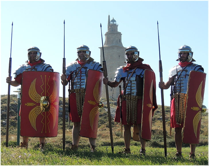 four knights, grass, tower, armor, hill, swords, shields, Darts