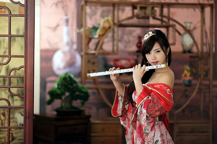 women's red and white dress, girl, music, tool, japan, japanese Culture, HD wallpaper