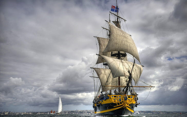 Beautiful Ship With White Sails Sky With Dark Clouds Wallpaper Hd For Mobile Phone 2560×1600