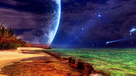 HD wallpaper: planets, palm, moon, sky, stars, alien planet, fantasy ...