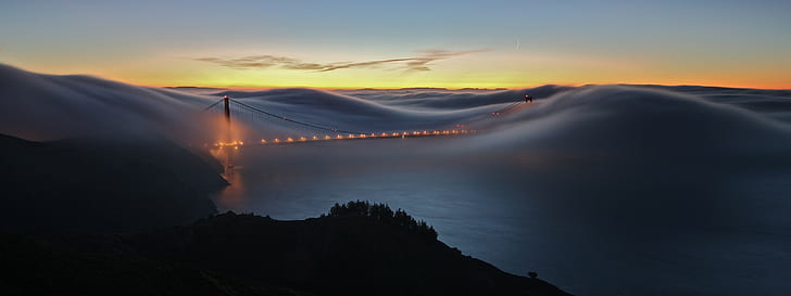 bridge, mist, sea, lights, Golden Gate Bridge, HD wallpaper